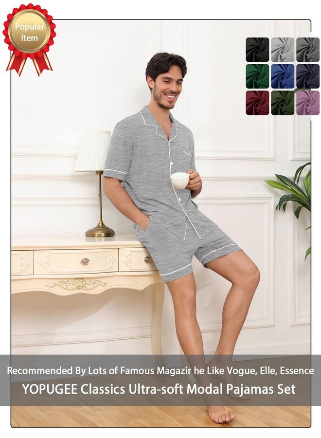 YOPUGEE Mens Pajamas Set Short Sleeve Sleepwear Summer Pjs Button Down Pijamas Set Modal 2PCS Pj Set with Pockets, Light Grey-XL - Image 5